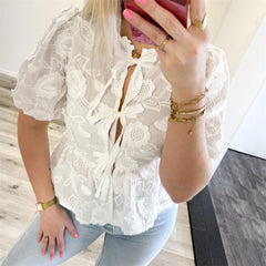 Hnewly Babydoll Tops Women y2k Clothes Floral Embroidery Round Neck Puff Short Sleeve Shirts Elegant White Blouses Streetwear