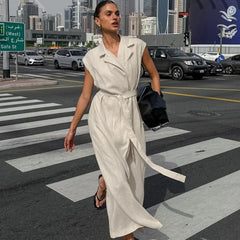 Hnewly Spring Summer Fashion New Long Dress Elegant French Style Cotton Linen Suit Collar Belt Office Lady Dress