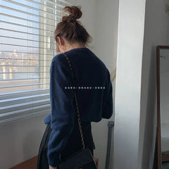 Hnewly Plush Velvet Knitted Cardigan Sweater Women's Autumn Japanese Style Loose O-neck Short Jacket Long Sleeve Single Breasted Top