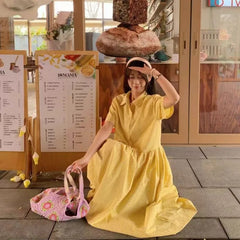 Hnewly Plaid Dresses Women Elegant Short Sleeve Loose Turn Down Collar Button Sweet Fashion Summer Shirt Dress Ladies Casual