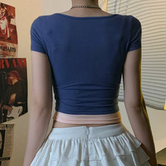 Hnewly Fake Two-piece Cropped Top Patchwork Square Collar Short Sleeve T Shirt Women Skinny Basic Tee Summer Y2k Aesthetic Shirt