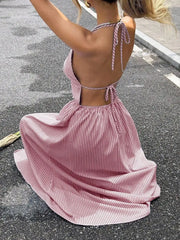 Hnewly Summer Striped A-Line Halter Maxi Dress For Women Vacation Beach Style