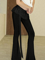 Hnewly Black Lace Up Ruffled Skirt Pants Low Waist Women Coquette Y2K Streetwear Wide Leg Trouser Fashion Flare Pants Harajuku