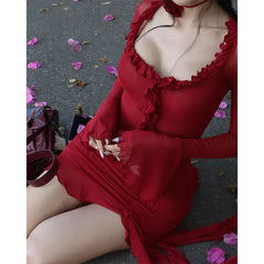 Hnewly Y2K Ruffles Slim Mesh Long Sleeve Crop Top Mini Skirts Sets Elegant Outfits Tie Front Tops and Skirt 2 Piece Matching