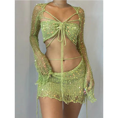 Hnewly Crochet Knitted Dress Two Piece Skirt Sets Summer Women Clothes Sexy Crop Tops Elegant Knit Sequin Dress 2 Piece Set Outfit