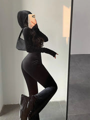 Hnewly Hot Tops Fashion Black Velvet Slim Hooded Zipper Long Sleeve Flare Pants Jumpsuit Rompers Korean Sexy