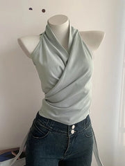 Hnewly Sexy Bandage Slim Tanks Women Fashion Casual V Neck Design Halter Tanks Korean Retro Streetwear Female Summer Elegant Tops