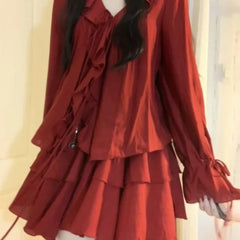 Hnewly DRESS TO IMPRESS Vintage V-neck Ruffles Long Sleeve Slim Fit Shirts Women+ Y2k High Waist Ruched A-line Skirts Spring New Two Piece Sets