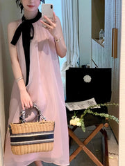 Hnewly French Pink Sleeveless Bow Neck Sleeveless Strap Dress for Women Even Party Korean Y2k Mini Dress Office Lady Summer Elegant