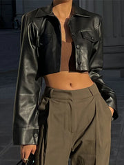 Hnewly Women's Y2K Short Jacket Faux Leather Turn-down Collar Button Decorated PU Grunge Street Casual Fashion Coat