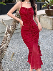 Hnewly NEW YEAR DRESS TO IMPRESS Women Sexy Spaghetti Strap Sleeveless Red Dress Female Backless Mermaid Midi Dresses Vestidos