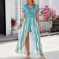 Hnewly Women's Short Sleeve Jumpsuit Slit Dress Printed V-Neck Pleated Cinched Waist Maxi Dress for Outing Vacation Casual