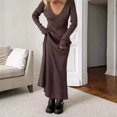 Hnewly Sexy V-neck Elegant Knitted Dress Women Vintage Coquette Long Dress Autumn Winter Retro A-line Party Dresses Slim Up