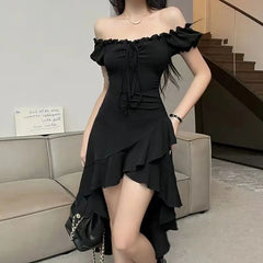 Hnewly Black Ruffled Irregular Summer New One-shoulder Waist-hugging Sexy Neck Strap Dress
