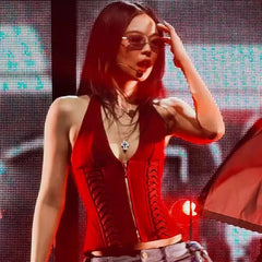 Hnewly Fashion Cross Tie Zipper Slim Women's Vest Sexy Off Shoulder Backless Sleeveless Halter Top Casual Summer Street Camis