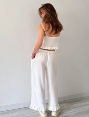 Hnewly 100% Cotton Ruffle Camisole And Loose Long Trouser Two Piece Set 2025 New Casual Summer Women Sets Homewear Sleepwear Pajamas
