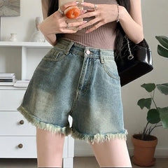Hnewly y2k Denim Shorts Women Summer High Waist Wide Leg Loose Fit Tassel Jean Shorts with Pockets 2000s Hot Pants Streetwear