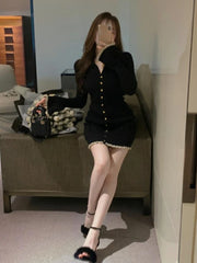 Hnewly DRESS TO IMPRESS Winter Knit France Vintage One Piece Dress Women Sexy V-neck Elegant Sweater Mini Dress Female Korean Style Chic Dress New