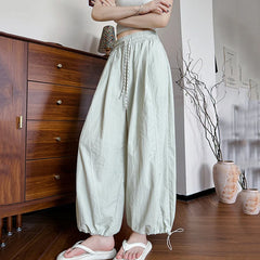 Hnewly Ice Silk Bloomers Wide Leg Pants Women Summer Elastic High Waist Loose Trousers Woman Drawstring Pocket Casual Pants Mujer