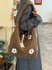 Hnewly New Floral Plush Underarm Bag Ladies Cute Flower Shoulder Bag Women Furry Purse Fluffy Tote Bag for Autumn and Winter