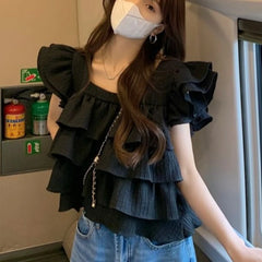 Hnewly Black Ruffles Blouses Women Kawaii Vintage Flying Sleeve Korean Style Personality Girlish Harajuku Streetwear Daily Summer Tops