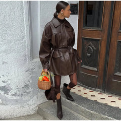 Hnewly Elegant Cinched Waist Leather Jacket Women Drawstring Lapel Zipper Buttons Full Sleeve Coat Spring Lady Street Outwear