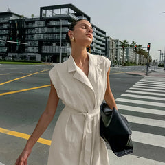 Hnewly Spring Summer Fashion New Long Dress Elegant French Style Cotton Linen Suit Collar Belt Office Lady Dress