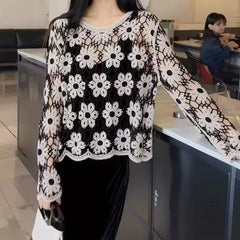 Hnewly Long Sleeve Daisy Crochet Top Women Sheer Openwork Floral Knit Pullover Sweater Teen-girl Cover Up Boho Beach Vacation Outfit