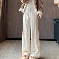 Hnewly Solid Color Knitted Jacquard Pants Women Drawstring High Waist Trousers Woman Casual Elastic Waist Wide Leg Pants Mujer