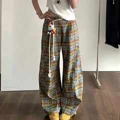 Hnewly Retro Plaid Patchwork Casual Pants Women Summer High Waist No Pendant Loose Wide Leg Pants Y2K Korean All Match Jogging Trousers