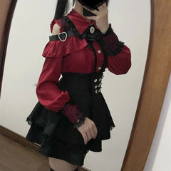 Hnewly Japanese Black Short Skirt Set Gothic Ruffle Mini Skirts Sexy Lace Off Shoulder Lolita Shirt Gown Faldas Y2k Aesthetic Suit