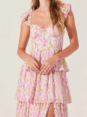 Hnewly Women's Floral Dress Stylish Multi-Layered Ruffles Split Cap Sleeve Long A-Line Dress Summer