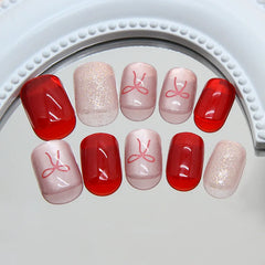 Lunivop 24pcs Self-adhesive Coffin Press on Nails Summer Red Ribbon Short Sweet False Nails Cat Eye Cheap Nail Tips Glued Nails Set
