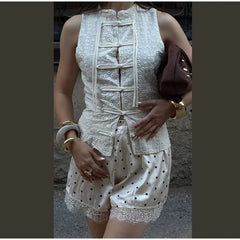 Hnewly Elegant Solid Women's Vest Sleeveless O-Neck Single Breasted Hollow Out Tanks Summer Autumn Fashion Female Street Top