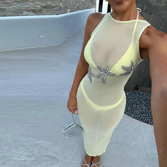 Hnewly 3d Starfish See Through Beach Long Dress Women Slim O-neck Sleeveless Backless Lace Up Dresses Summer Mesh Holiday Robes