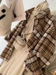 Hnewly FALL OUTFIT Plaid Woolen Shirts Women Tops Vintage Baggy Casual Outwear Fashion Korean Style Pockets All-match Chic Lapel Camisas De Mujer