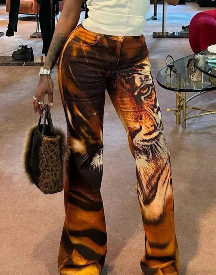 Tiger Print Flare Pants Women Y2K Summer Trend Skinny Elastic Wild Casual Streetwear Basic High Waist Trousers