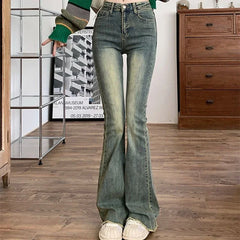Hnewly Woman High Waist Vintage Streetwear Flare Jeans Female Elastic Grunge Bell Bottom Pants Girls Fashion Blue Denim Trousers