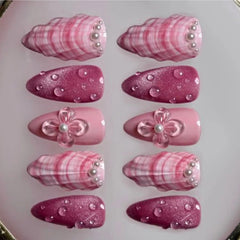 Hnewly 10Pcs Handmade Manicure Medium Almond Fake Nails Summer New 3D Shell Limited Press On Nails Design with Adhesive Nail File Set