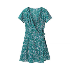 Hnewly Short Sleeve Floral Print Chic Women Dress Bandage Chic Vacation Casual Summer Dress Chiffon 2025 New High Wasit Female Clothing