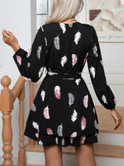 Hnewly New Women Casual Cross V-neck Feather Printed Ruffle Lace Up Multi-layer Hem Long Sleeved Dress
