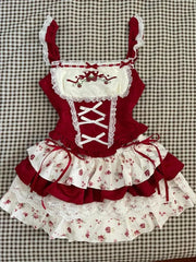 Hnewly Vintage Slim Square Neck Print 2 Piece Set Women Sweet Cute Lace Bow Patchwork Tops Female + High Waist Short Skirt