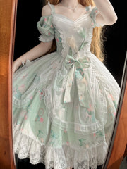 Hnewly Summer Fairy Lolita Tulip's Printed Sling Dress Women Elegant Bow Lace Ruffles Off-the-Shoulder Princess Dresses In Stock