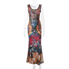 Hnewly DRESS TO IMPRESS Summer New INS Women's Tie Dyed Printed U-neck Fashion Retro Slim Dress Sexy Spicy Girl Backless Pullover High Waist Dresses
