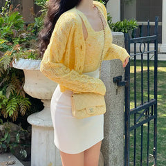 Hnewly Two Piece Sets Womens Outifits Autumn New Knitwear Cropped Cardigans + Tanks Simple All-match Korean Style Ins Young Girls Solid