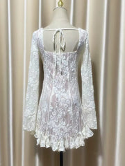 Hnewly Fashion Lace Dress Women's Square Collar Long Sleeve Backless Casual Dresses 2025 Summer New Tide