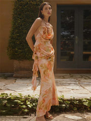 Hnewly Tie-Dye Fashion Maxi Dress Women Applique Lace-Up Halter Ruffles Tassel Vacation Beach Party Ruched Elegant Vestidos