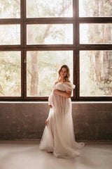 Hnewly Sheer Elegant Maternity Dresses Drop Shoulders Gown with Pearls Beads High Slit Dress for Pregnant Wife Valentines Gift