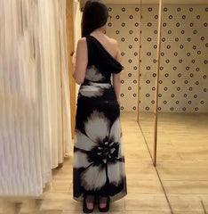 Hnewly Autumn New One - Shoulder Sleeveless Slant Neck Floral Pattern Maxi Dress for Women, Elegant Draped Bodycon Bag Hip Long Dress