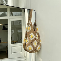 Hnewly Female Large Capacity Handmade Woven Shoulder Bag Flower Handbag Crochet Cotton Vacation Casual Tote